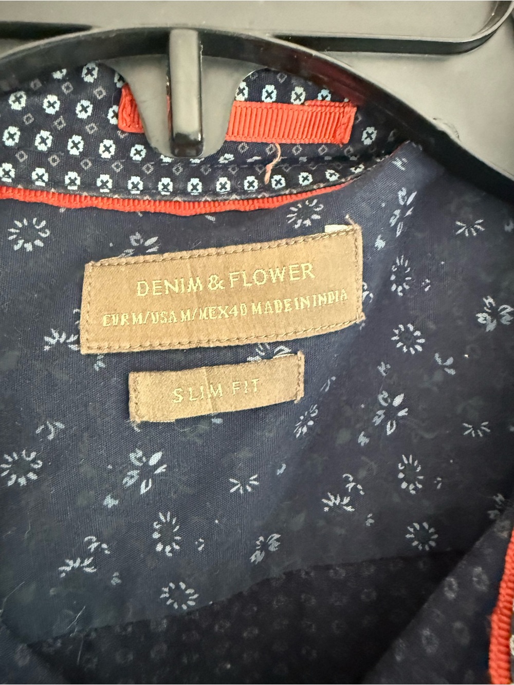 Denim & Flower Navy Shirt with Red Trim and White Floral Print